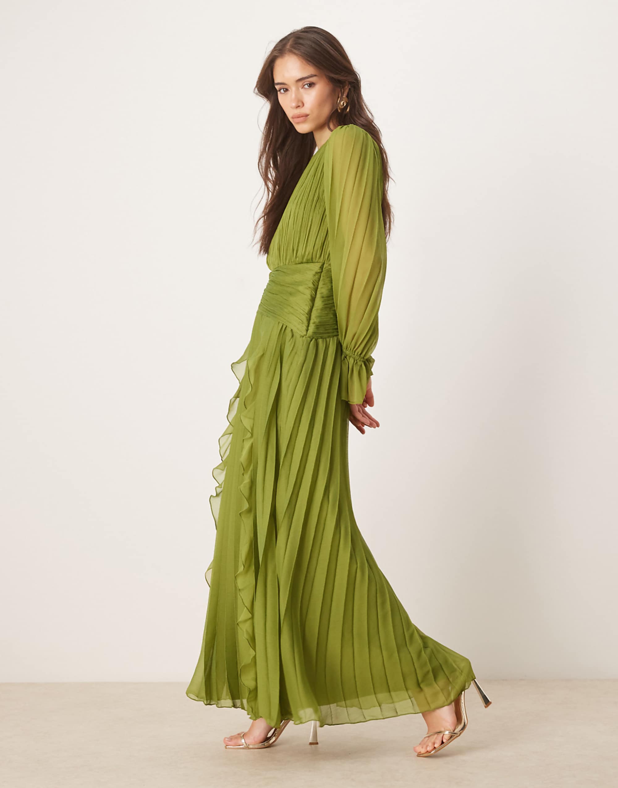 Asos Design High Neck Ruched Belt Detail Maxi Dress in Olive Green