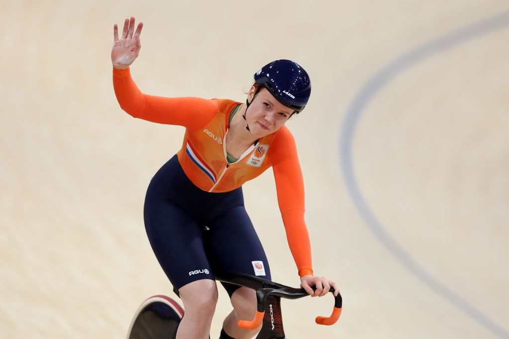 PARIS FRANCE AUGUST 08 Silver medalist Hetty van De Wouw of Team Netherlands celebrates after the Womens Keirin Final on day thirteen of the Olympic Games Paris 2024 at SaintQuentinenYvelines Velodrome on August 08 2024 in Paris France Photo by Tim de WaeleGetty Images