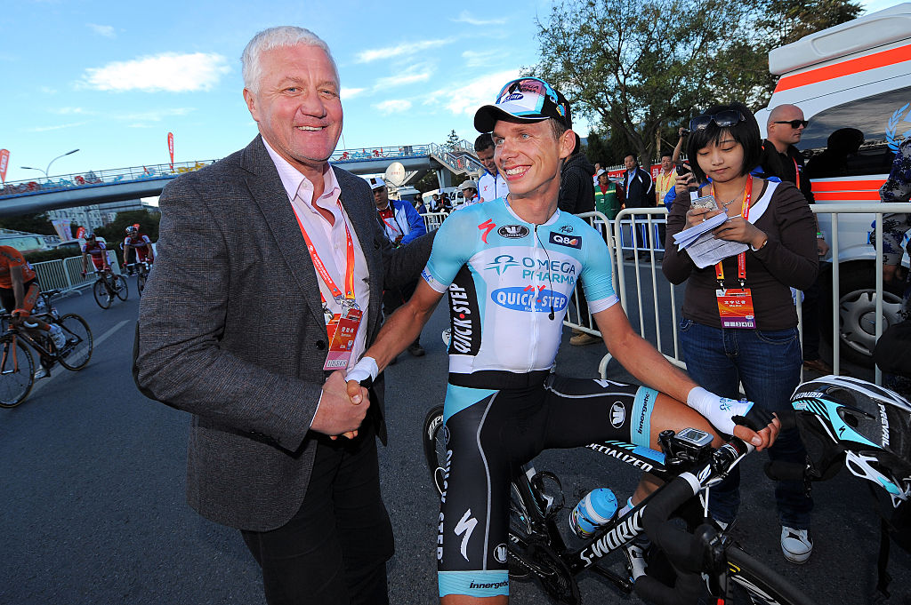 Cycling : 2nd Tour of Beijing 2012 / Stage 2 
Arrival / Tony MARTIN (Ger)/ Patrick LEFEVERE (Bel) Team Manager Team OPQS (Bel)/ Celebration Joie Vreugde / 
Birds Nest - Men Tou Gou (126km)/ 
Etape Rit Ronde /(c)Tim De Waele
