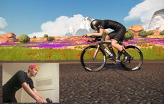 A time trialist in the virtual world of Zwift and an image of cycling weekly writer Tom Davidson 