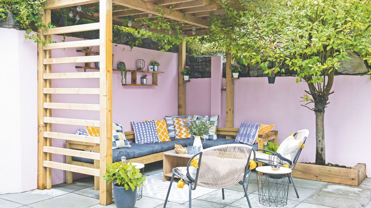 Outdoor patio with garden furniture and a pergola roof overhead