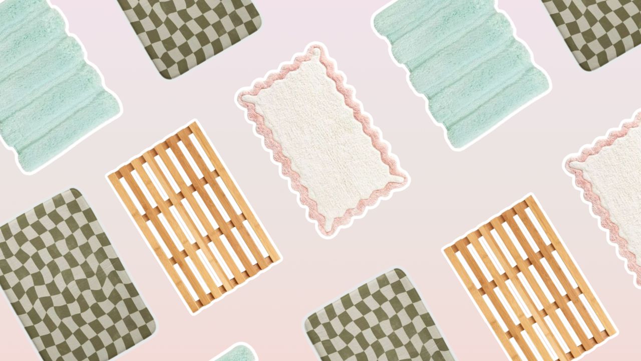 Multiple bathmats on pink gradient background