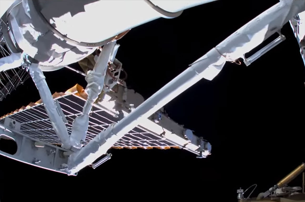 The support brackets and struts for a new ISS Roll-Out Solar Array (iROSA) are seen after being installed on the starboard side of the International Space Station during a March 15, 2022 spacewalk.