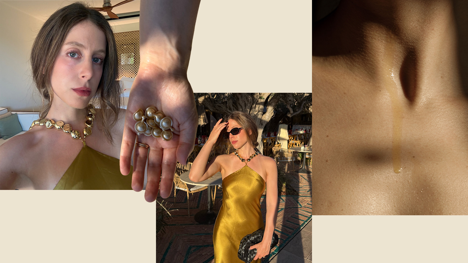 Photo collage of Jamie Chevron testing Elizabeth Arden's ceramide capsules and a woman with oil on her neck 