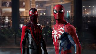 Marvel's Spider-Man 2 screenshot showing Peter and Miles in suits