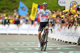 CAUTERETSCAMBASQUE FRANCE JULY 06 Tadej Pogacar of Slovenia and UAE Team Emirates White Best Young Rider Jersey celebrates at finish line as stage winner during the stage six of the 110th Tour de France 2023 a 1449km stage from Tarbes to CauteretsCambasque 1355m UCIWT on July 06 2023 in CauteretsCambasque France Photo by David RamosGetty Images