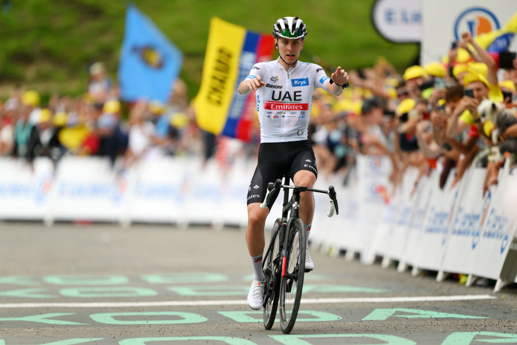 CAUTERETSCAMBASQUE FRANCE JULY 06 Tadej Pogacar of Slovenia and UAE Team Emirates White Best Young Rider Jersey celebrates at finish line as stage winner during the stage six of the 110th Tour de France 2023 a 1449km stage from Tarbes to CauteretsCambasque 1355m UCIWT on July 06 2023 in CauteretsCambasque France Photo by David RamosGetty Images