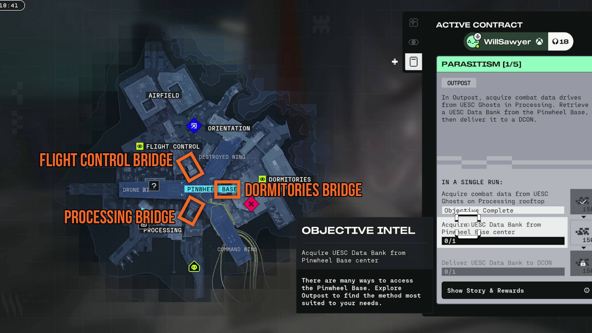 Marathon outpost pinwheel base map showing bridges connecting from flight control, processing, and dormitories
