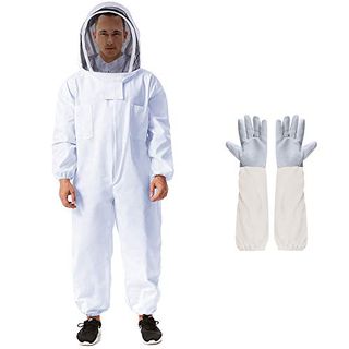 Beekeeping Suit Apiarist Beekeeping Jacket With Sheepskin Gloves & Ventilated Fencing Veil Hood Professional Beekeeper Suit Outfit Total Protection for Backyard Professional and Beginner Beekeepers-L