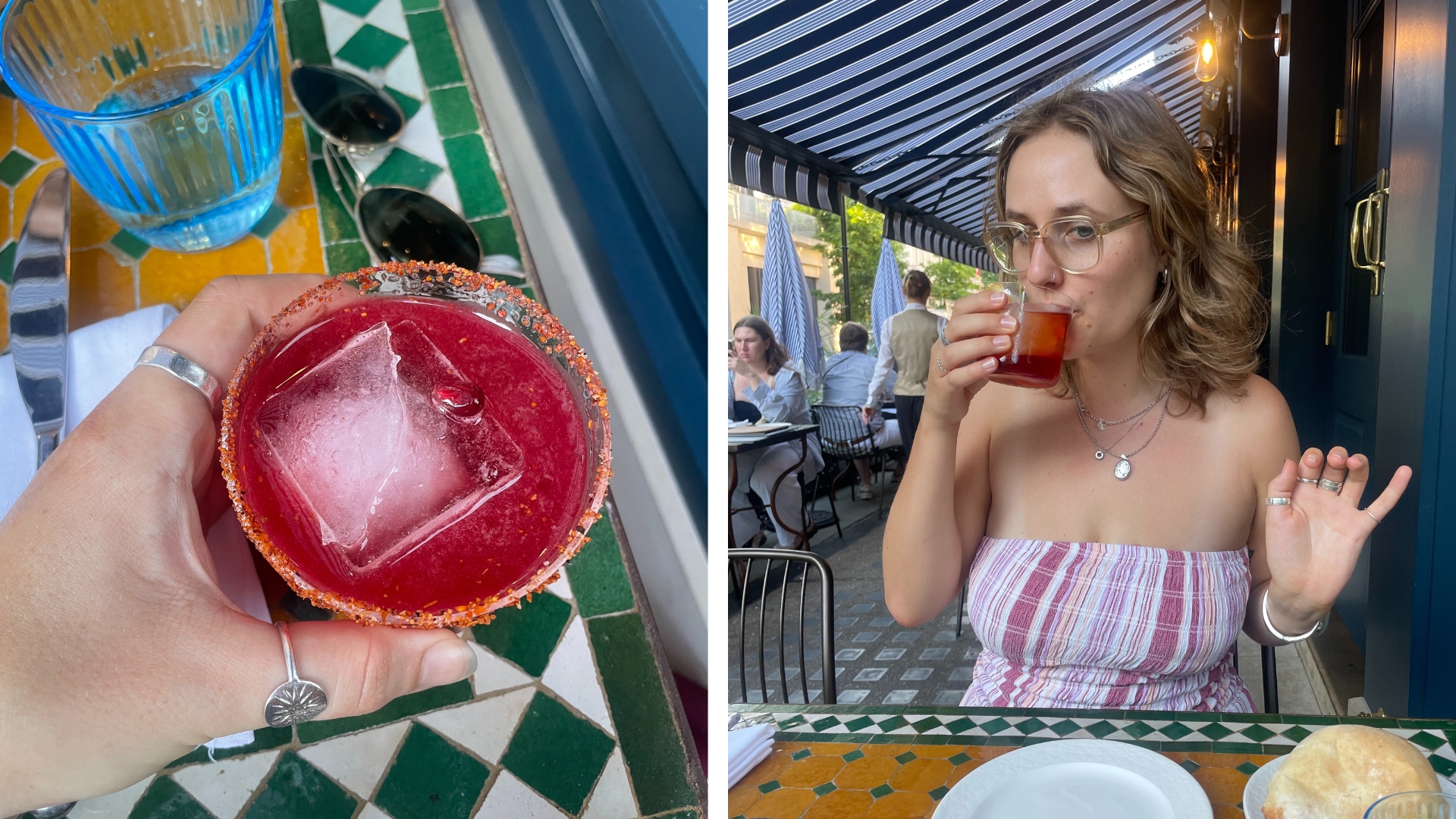 two images side by side of the cocktails the author tried, on the left is a pomegranate margarita, and left shows someone drinking a saffron negroni