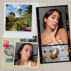 A collage of images taken by Who What Wear associate beauty editor Alyssa Brascia wearing the Clarins Double Eye Serum in France and NYC.