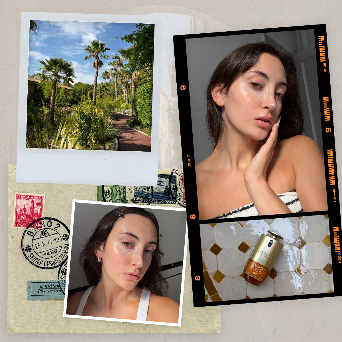 A collage of images taken by Who What Wear associate beauty editor Alyssa Brascia wearing the Clarins Double Eye Serum in France and NYC.