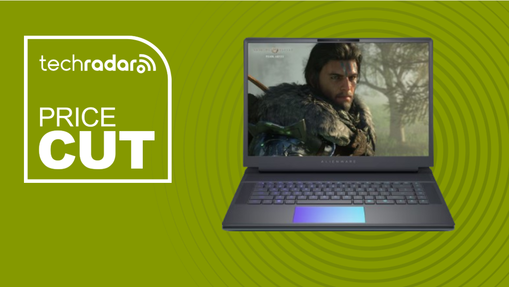 Dell Alienware laptop on a green TechRadar background with wording &#039;price cut&#039;