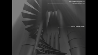A monochrome picture of an in-development Half-Life, showing some spiral staircases that are way out of face budget.