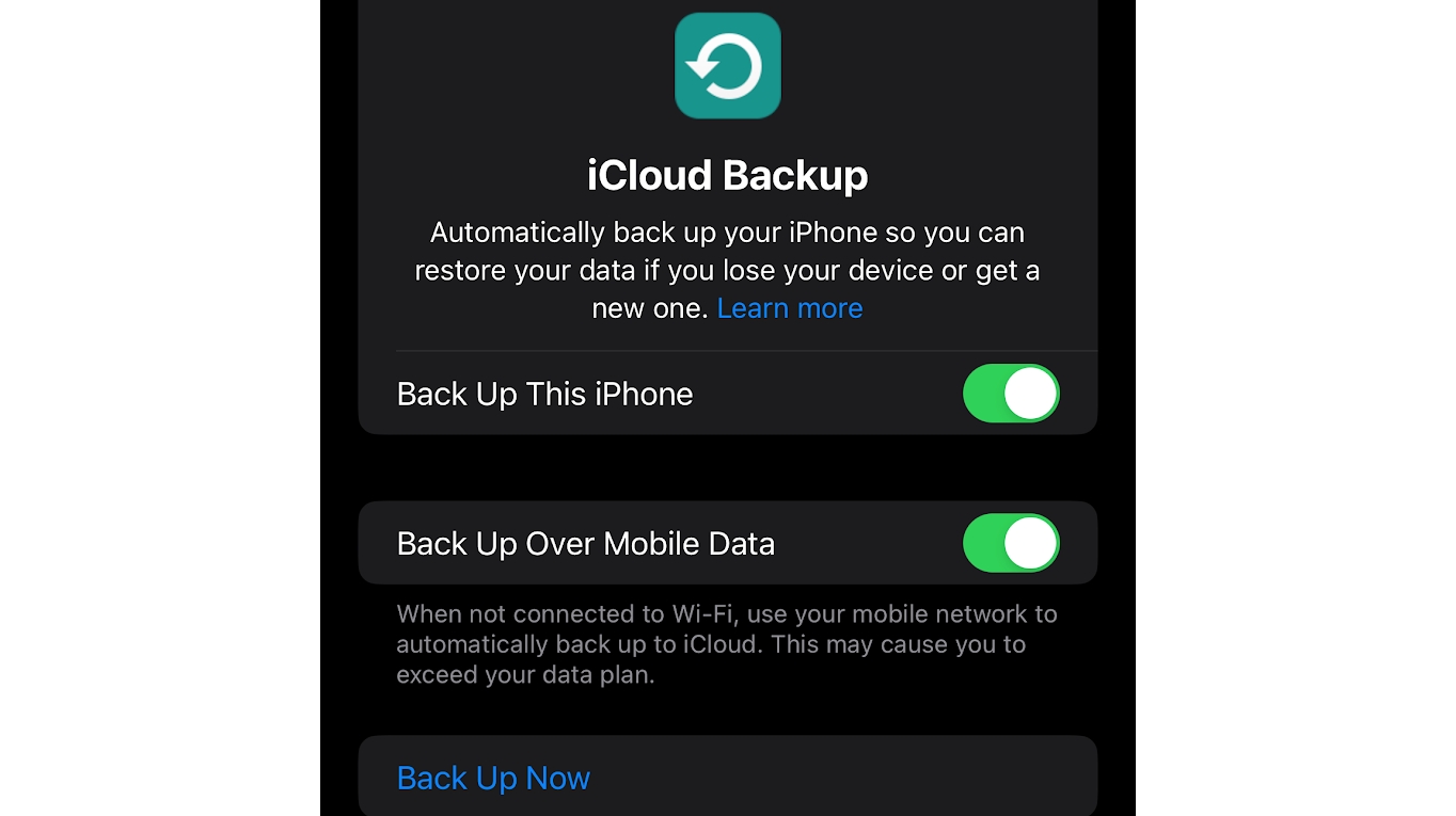 A screenshot showing the iCloud Backup menu