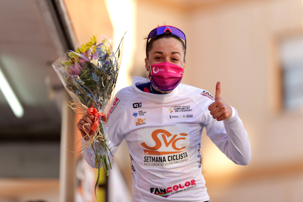 COCENTAINA SPAIN FEBRUARY 18 Silvia Zanardi of Italy and Team Bepink celebrates winning the white best young jersey on the podium ceremony after the 6th Setmana Ciclista Valenciana Vuelta Comunidad Valenciana Feminas 2022 Stage 2 a 117km stage from Altea to Cocentaina 450m VoltaCVFemines22 on February 18 2022 in Cocentaina Spain Photo by Gonzalo Arroyo MorenoGetty Images