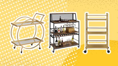Bar carts graphic on yellow back ground - 2 gold and one black bar cart