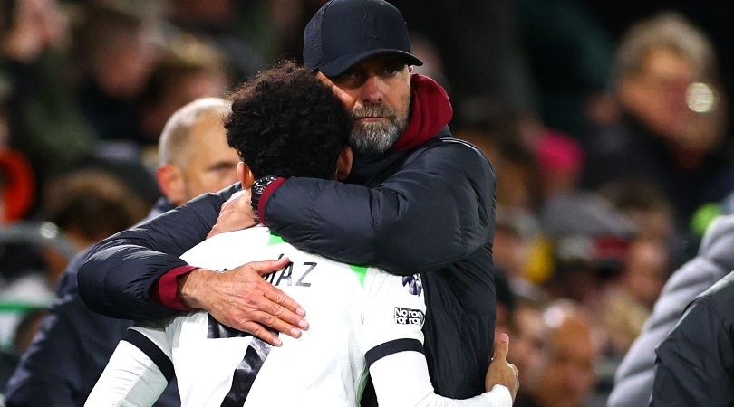 Liverpool manager Jurgen Klopp hugs midfielder Luis Diaz after the 1-1 draw against Luton in November 2023.