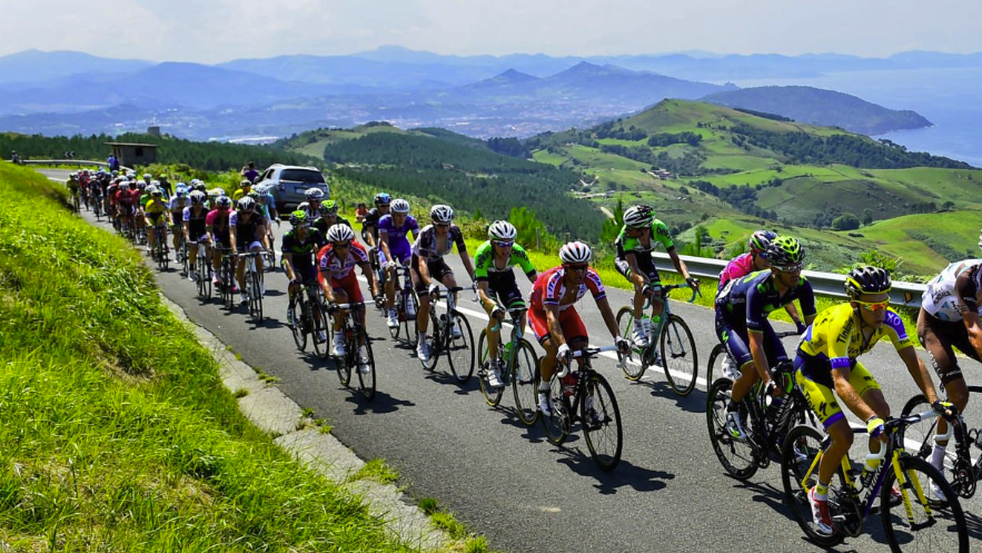 Jesus Herrada of Spain and Movistar Team leads the peloton as they head up Alto de Jaizkibel during the Clasica de San Sebastian