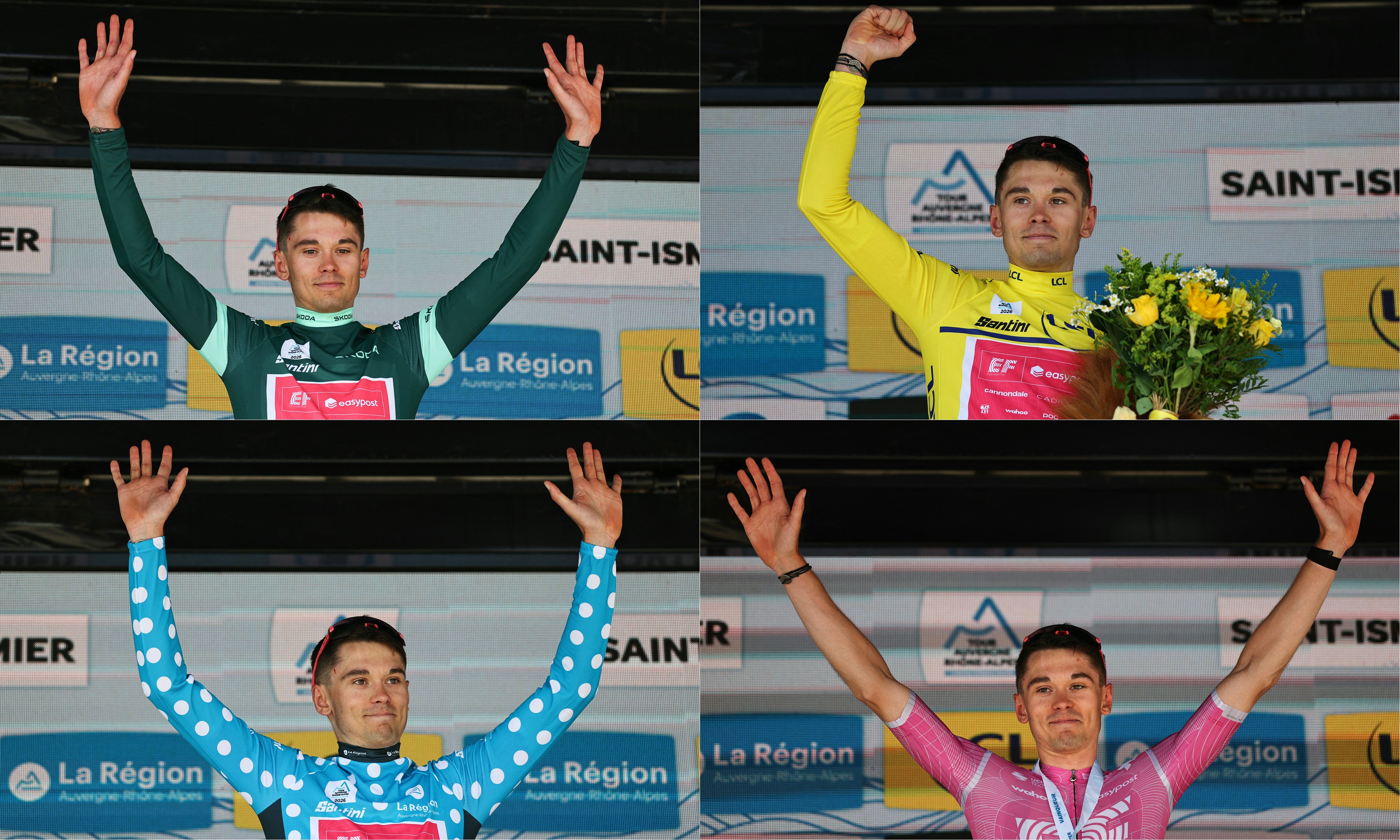 (Combo) Este instantâneo criado em 7 de junho de 2026 mostra o piloto francês da EF Education - EasyPost Alex Baudin comemorando no pódio. (sentido horário a partir de cima L) com a camisa verde do velocista. Jaquetas Amarelas dos Líderes Gerais Sua vitória na etapa e com a camisa de bolinhas do Mountaineer após vencer a Etapa 1 do Tour, uma prova de ciclismo. Auvergne-Rhône-Alpes (anteriormente Criterium du Dauphine), um trecho de 146,2 km entre Vizille e Saint-Ismier nos Alpes franceses. (Foto de Anne-Christine Pujulat/AFP)