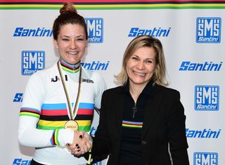 Chloe Dygert is congratulated by Monica Santini at the recent track world championships 