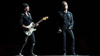 The Edge and Bono of U2 perform at Suncorp Stadium on November 12, 2019 in Brisbane, Australia