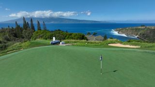 An aerial view of the 11th green and 12th tee box prior to The Sentry at The Plantation Course at Kapalua.