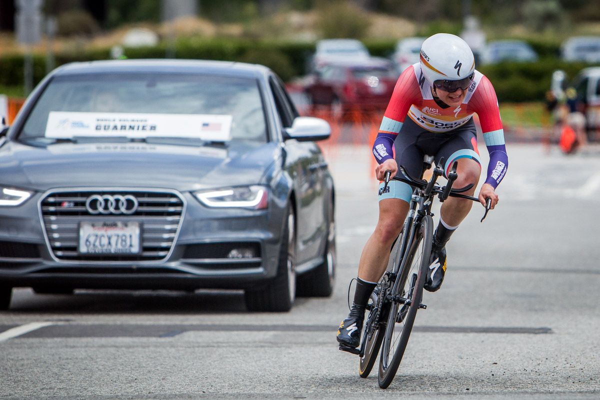 Megan Guarnier (Boels Dolman) sets up for one of the tight turns