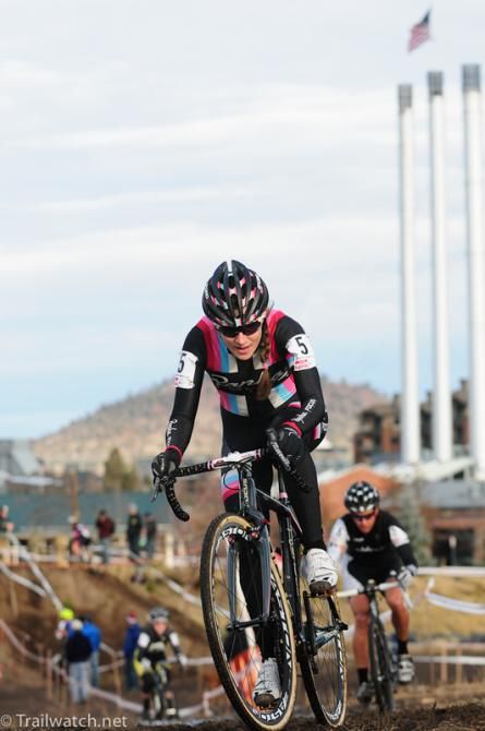 Julie Krasniak (Rapha Focus) riding in second place on lap one