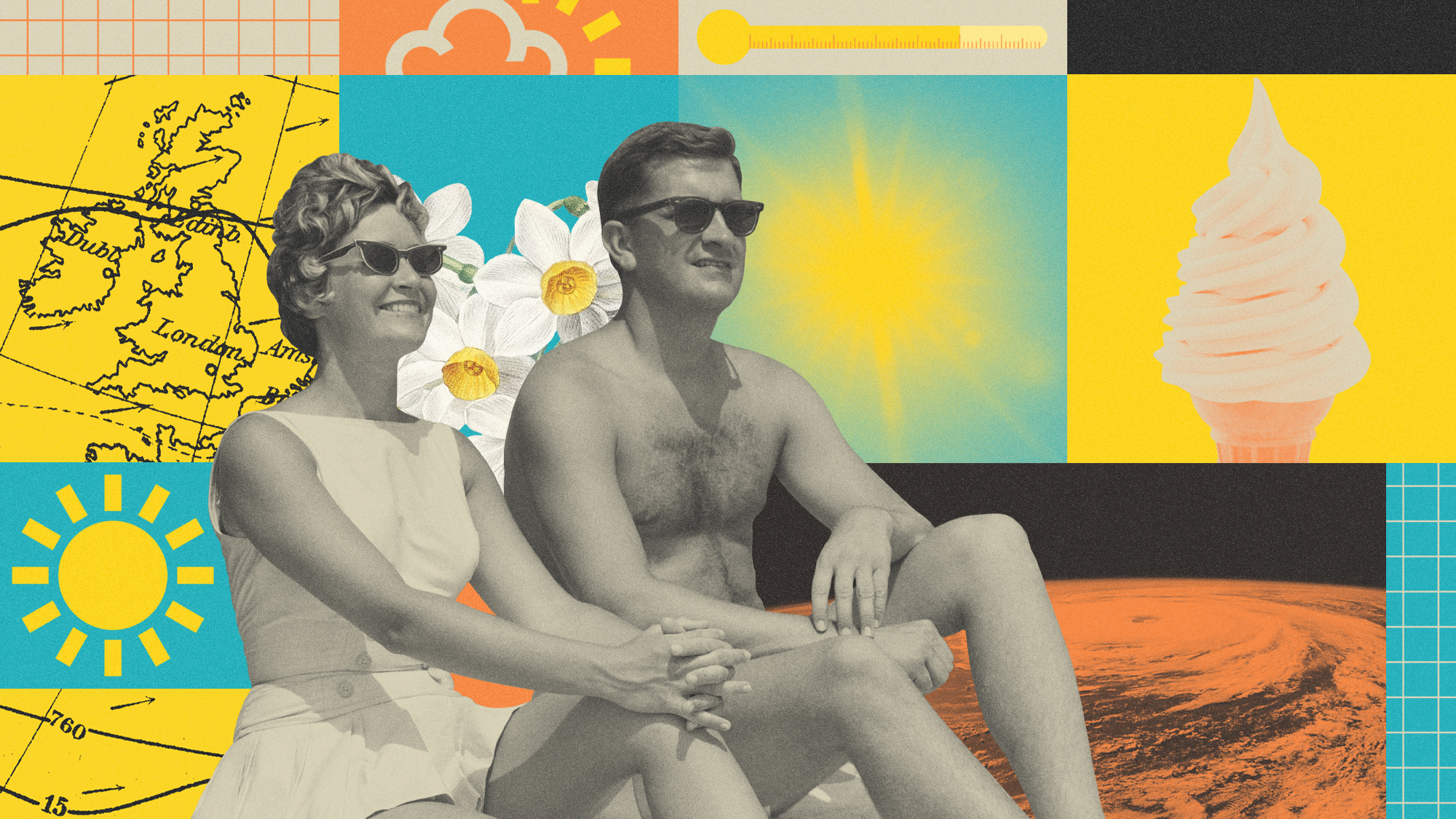 Photo composite illustration of people sunbathing, weather maps, ice cream, sunshine, spring flowers and a thermometer