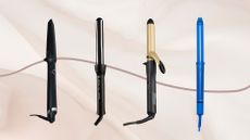 Collage of 4 of the best curlers for short hair featured in this guide from (left to right) ghd, Cloud Nine, TRESemme and Hershesons set against a dusky pink background and dark pink fine line