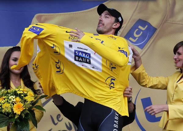 Fabian Cancellara drapes himself in the maillot jaune.