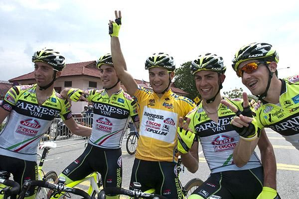 That's two folks: Stage winner Andrea Guardini celebrates his win with Farnese Vini/Neri Sottoli teammates in Butterworth.