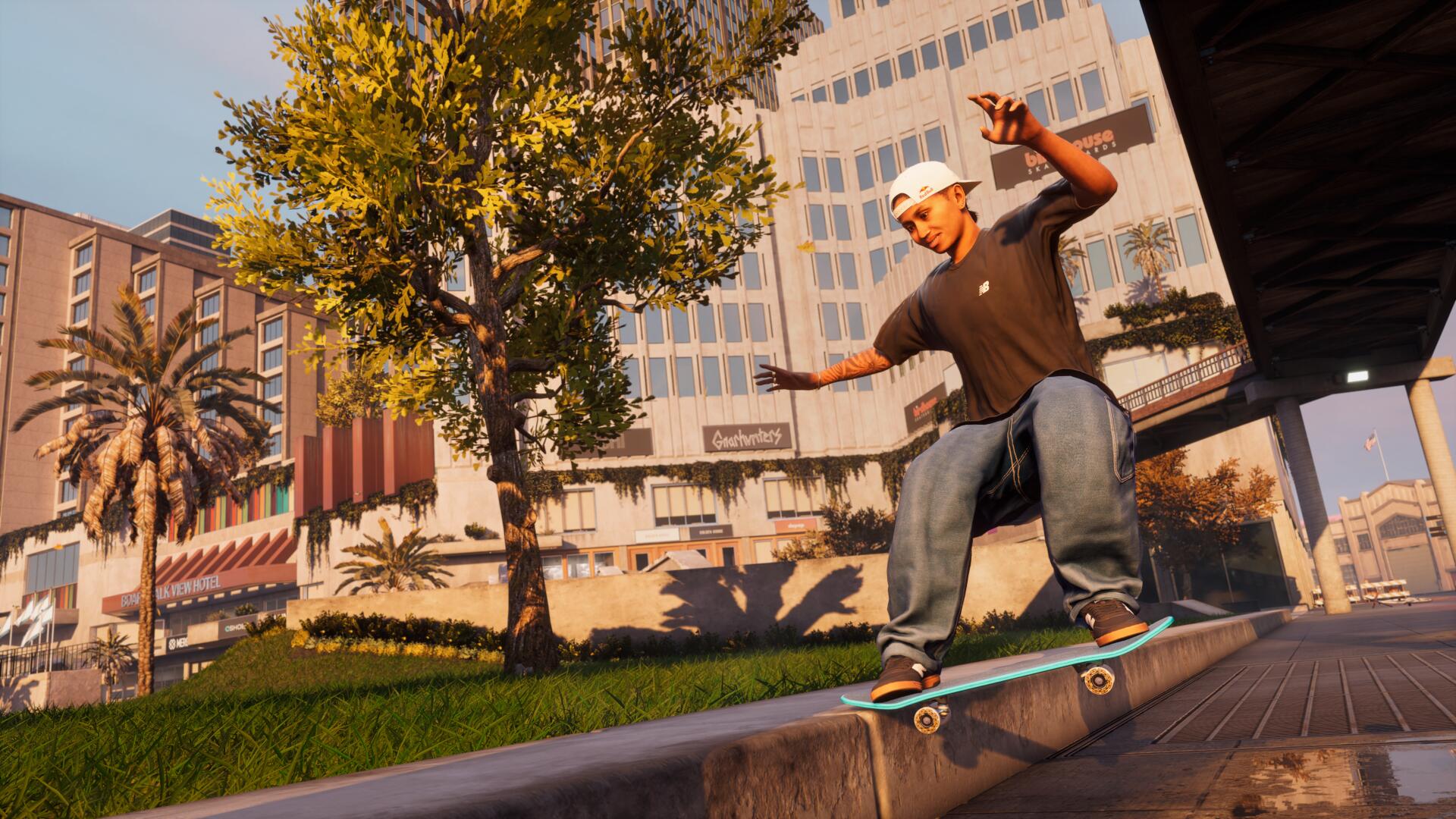 Margielyn Didal grinds a rail in a park in Tony Hawk's Pro Skater 3 + 4 in the San Francisco level