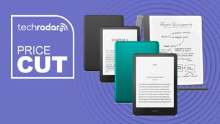 Amazon Kindle Paperwhite, Kindle Paperwhite Signature Edition and Kindle Scribe on a purple background with "Price Cut" text in white on the left side.