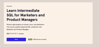 A screenshot of the Codecademy website advertising the 'Learn Intermediate SQL for Marketers and Product Managers' course