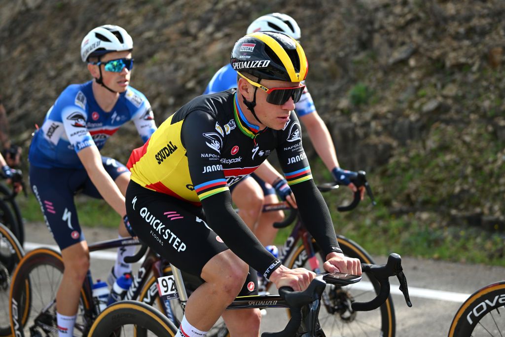 TAVIRA PORTUGAL FEBRUARY 16 Remco Evenepoel of Belgium and Team Soudal Quick Step competes during the 50th Volta ao Algarve em Bicicleta 2024 Stage 3 a 1922km stage from Vila Real de Santo Antonio to Tavira on February 16 2024 in Tavira Portugal Photo by Dario BelingheriGetty Images