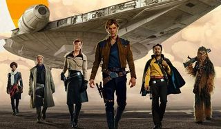 Solo: A Star Wars Story Han and his friends walk away from the Millenium Falcon