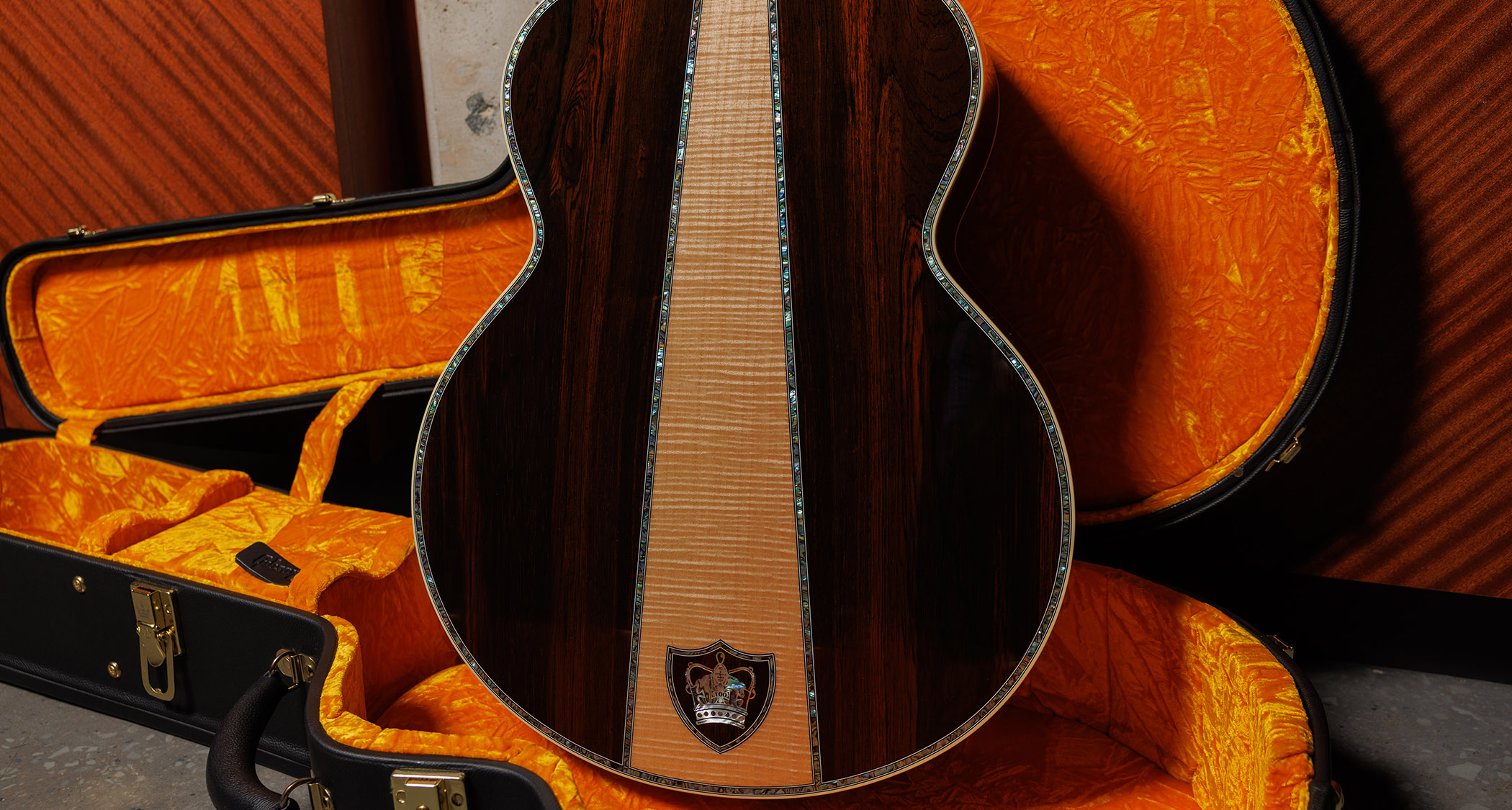 Gibson Custom SJ-200 Monarch #100: this stunning one-of-one jumbo is replete with all kinds of rococo flourishes, from the diamond and gold crown inlay on the headstock, to the 14k gold rope binding, Gibson calls it the "ultimate custom" acoustic and not without some justification.
