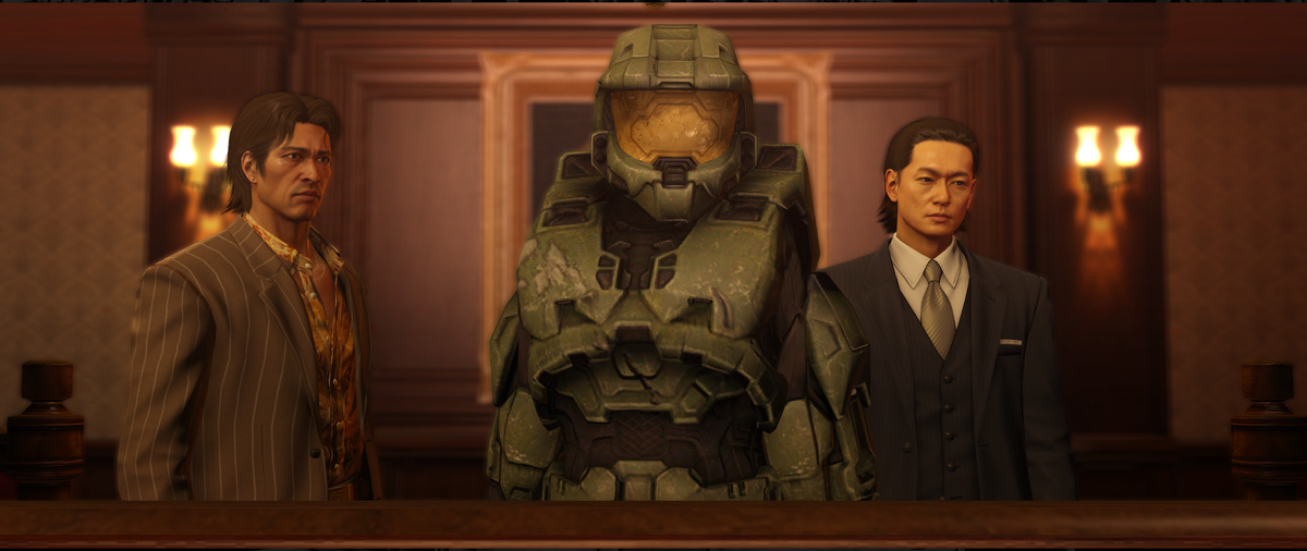An image of a modified Yakuza 0 replacing disco-dancing protagonist Kiryu with Master Chief, an armored super soldier, on a light-up dance floor