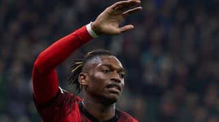 MILAN, ITALY - NOVEMBER 07: Rafael Leao of AC Milan gestures during the UEFA Champions League match between AC Milan and Paris Saint-Germain at Stadio Giuseppe Meazza on November 07, 2023 in Milan, Italy. (Photo by Emmanuele Ciancaglini/Ciancaphoto Studio/Getty Images)