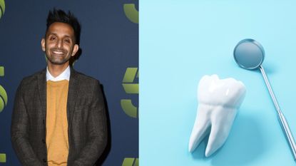 Dr Amir Khan next to tooth graphic with dentist's mirror