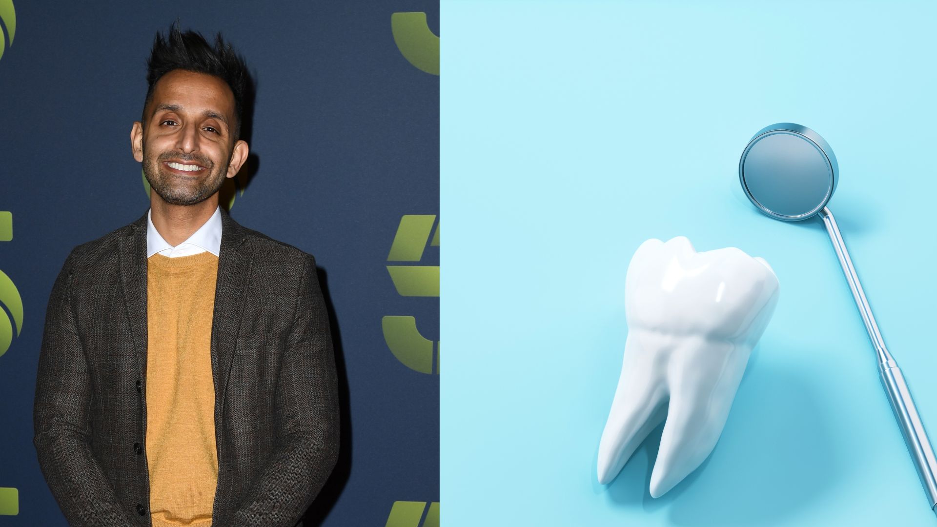 Dr Amir Khan next to tooth graphic with dentist&#039;s mirror