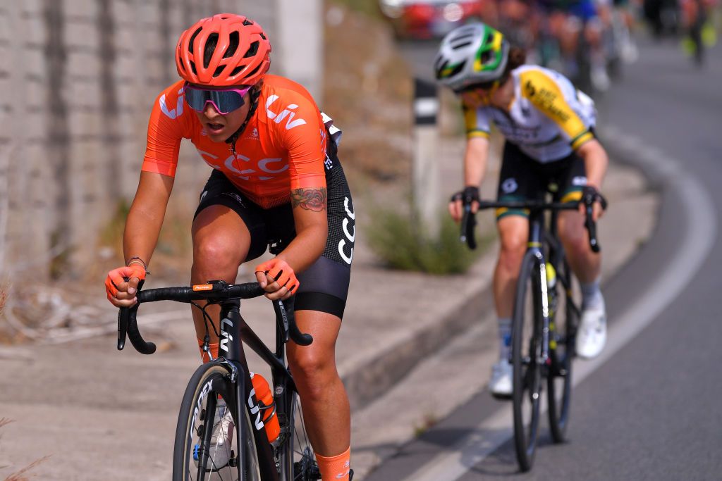 TERRACINA ITALY SEPTEMBER 15 Soraya Paladin of Italy and Team CCC Liv Amanda Spratt of Australia and Team Mitchelton Scott during the 31st Giro dItalia Internazionale Femminile 2020 Stage 5 a 1103km stage from Terracina to Terracina GiroRosaIccrea GiroRosa on September 15 2020 in Terracina Italy Photo by Luc ClaessenGetty Images