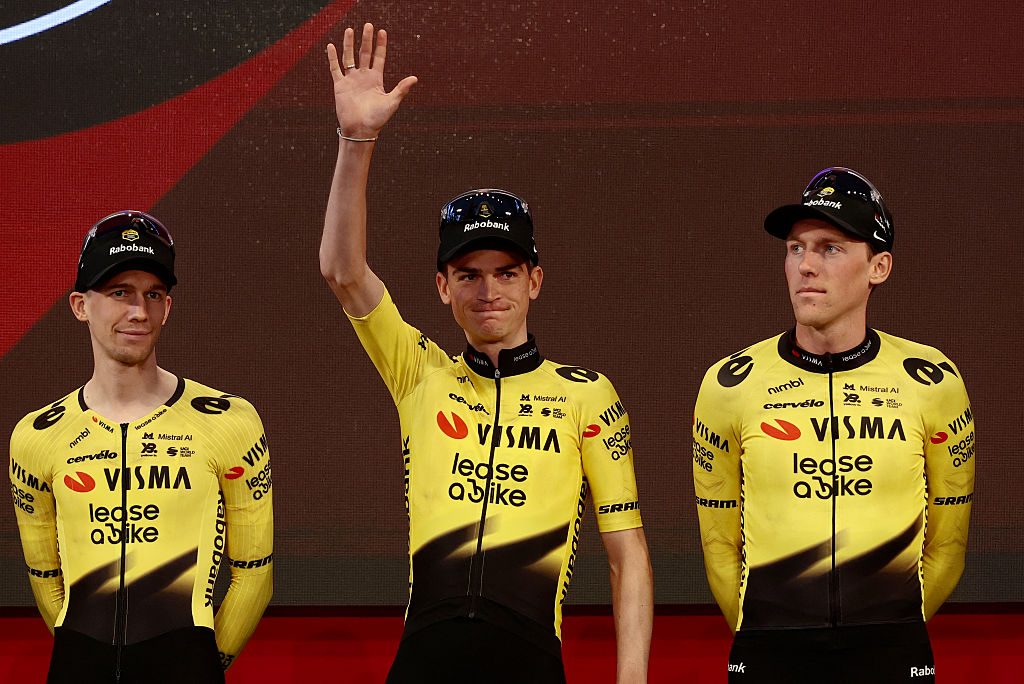 Team Visma Lease a Bike US rider Sepp Kuss waves during the team presentation in Burgas, on May 6, 2026, two days before the departure of the Giro d'Italia 2026