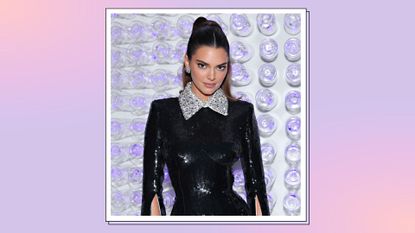 Kendall Jenner wearing a black and white sequin outfit for the Met Gala 2023/ in front of a lilac lightbulb wall and in a purple and orange template