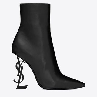 black ankle boots with YSL lettered heel
