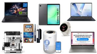 A collage of tech from the Amazon UK Tech Week sale, including Acer, Asus and HP laptops, Oral-B toothbrush, Ninja coffee maker, Samsung Galaxy tablet, Levoit air purifier and Garmin smartwatch