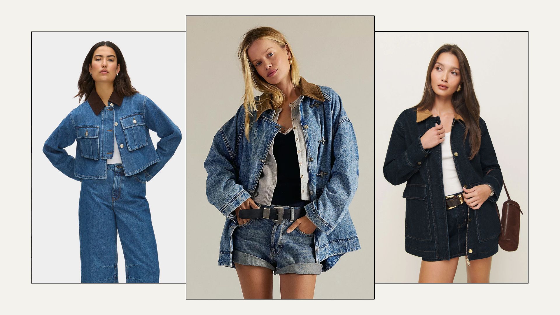 Three women wears denim barn jackets