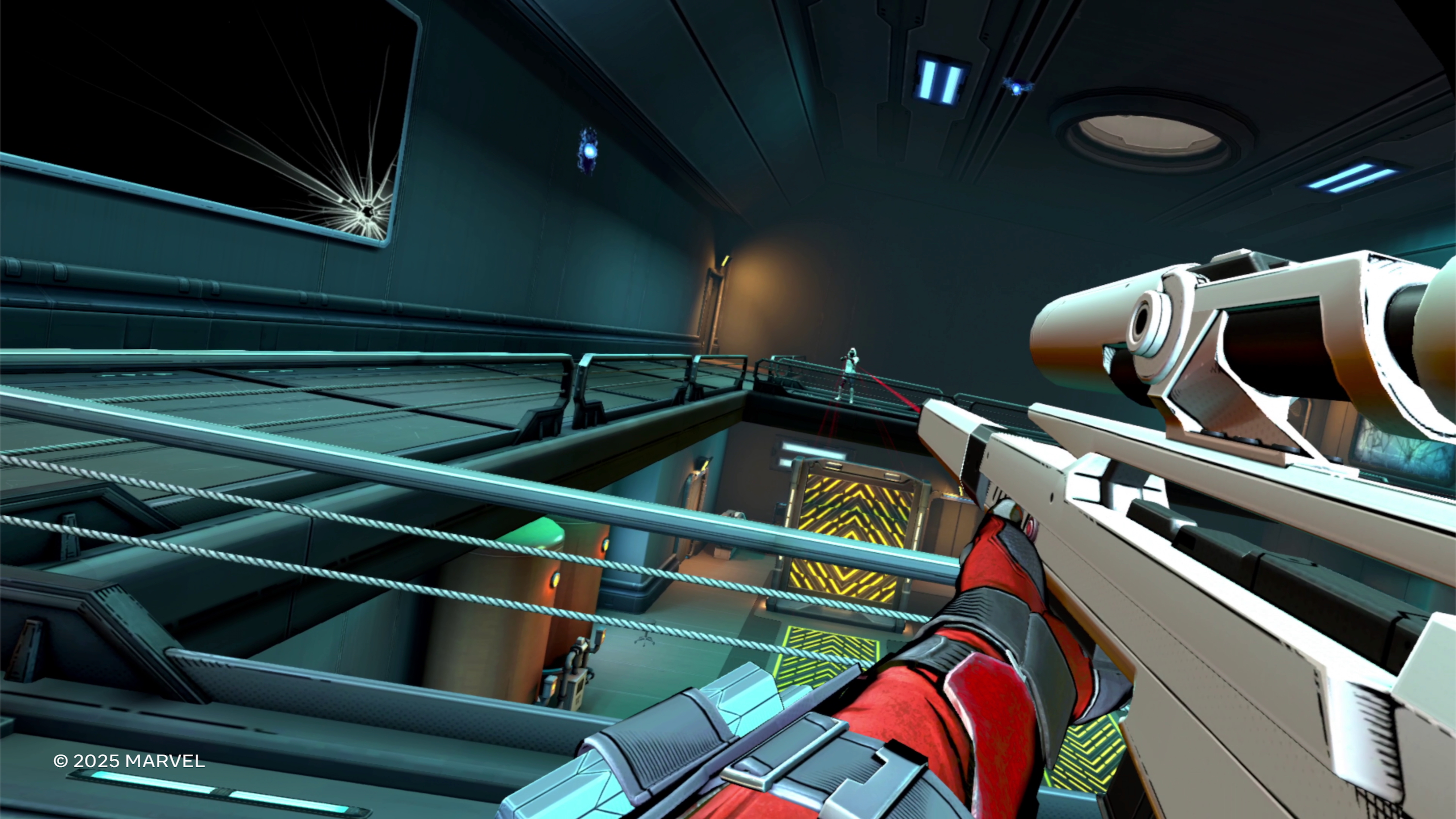 A Deadpool VR screenshot showing the player pointing a laser-pointed sniper rifle at a foe across the room.